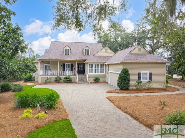 view of front of property with a garage, decorative driveway, covered porch, and roof with shingles