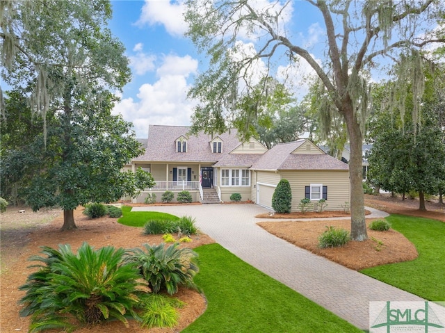 view of front of property with a porch, decorative driveway, roof with shingles, and a front lawn