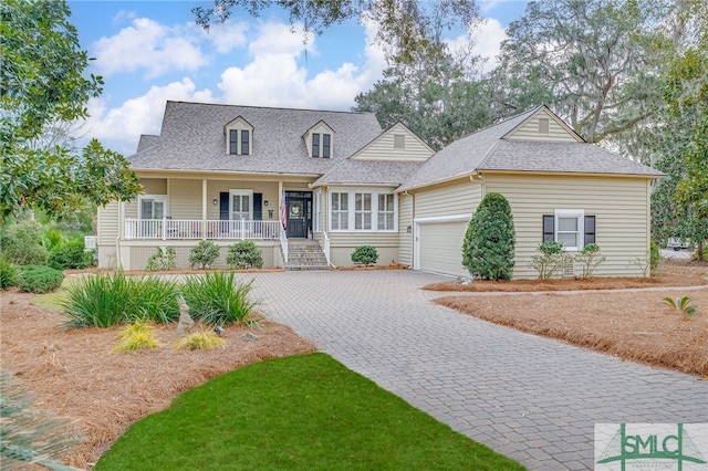 view of front facade featuring a garage, decorative driveway, covered porch, and a shingled roof