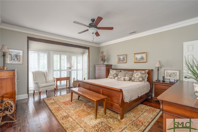 bedroom featuring ornamental molding, dark wood-type flooring, and visible vents