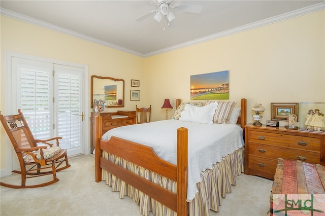 bedroom featuring ornamental molding, access to outside, light carpet, and a ceiling fan