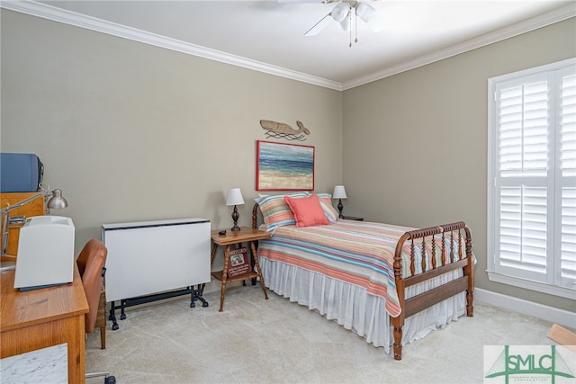 bedroom featuring multiple windows, crown molding, and light colored carpet