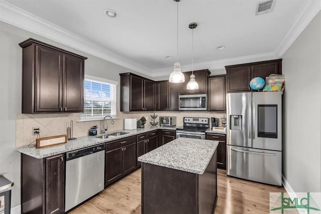 kitchen with visible vents, a center island, decorative light fixtures, stainless steel appliances, and a sink