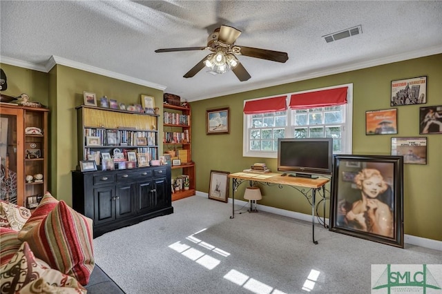 office with ornamental molding, visible vents, and a textured ceiling