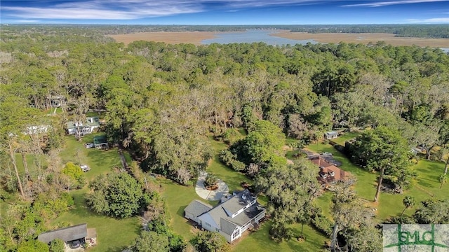 aerial view featuring a water view and a wooded view