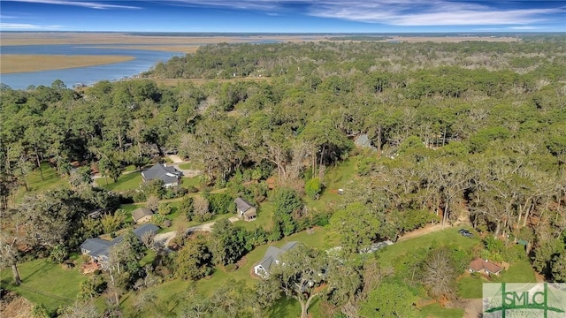 birds eye view of property with a water view and a view of trees