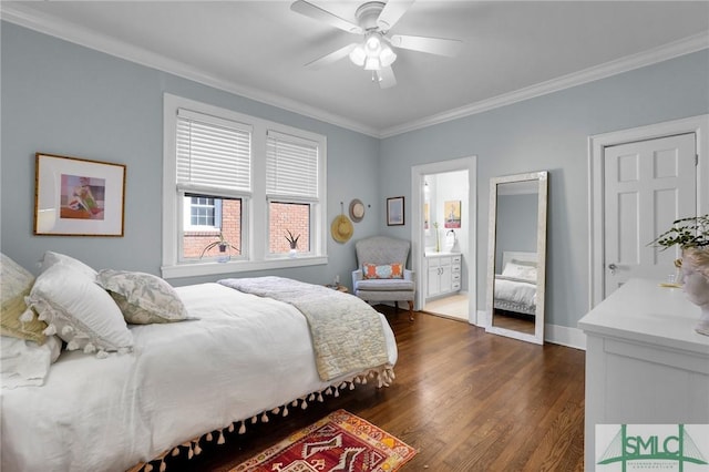 bedroom featuring dark wood-style flooring, crown molding, baseboards, and ceiling fan