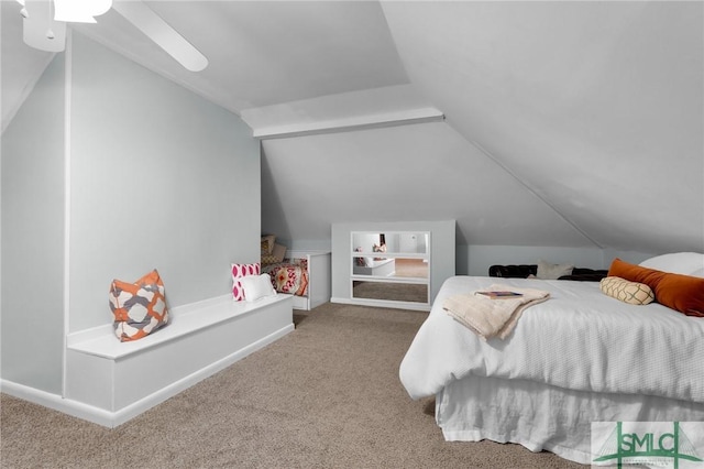 bedroom featuring carpet, ceiling fan, lofted ceiling, and baseboards