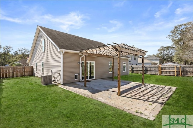 back of property featuring cooling unit, a patio area, a fenced backyard, and a pergola