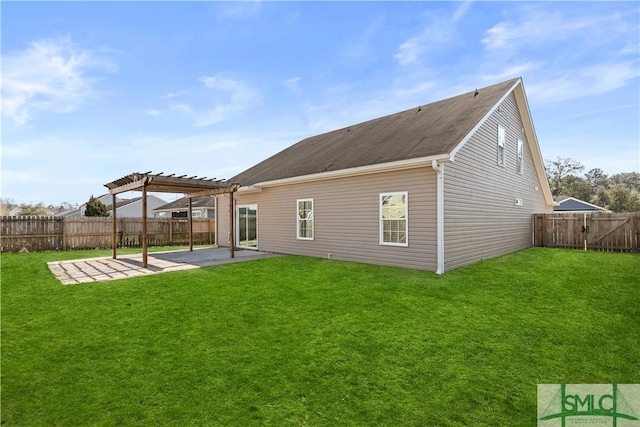 back of property featuring a yard, a patio area, a fenced backyard, and a pergola