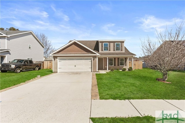 view of front facade featuring a garage, concrete driveway, a front lawn, and fence