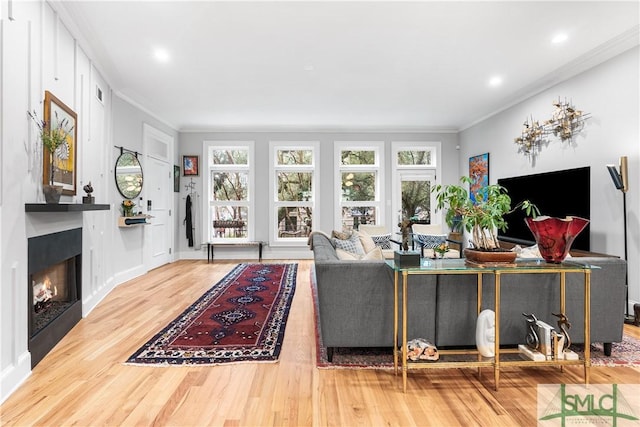 living area featuring a warm lit fireplace, ornamental molding, and wood finished floors