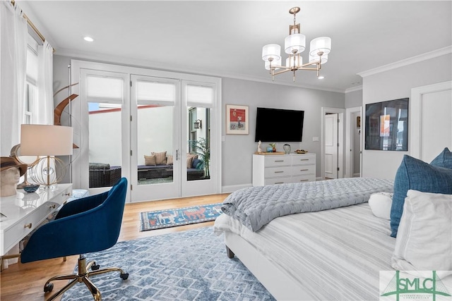 bedroom featuring ornamental molding, wood finished floors, access to outside, a notable chandelier, and recessed lighting