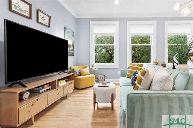 interior space featuring crown molding, light wood-style flooring, and baseboards