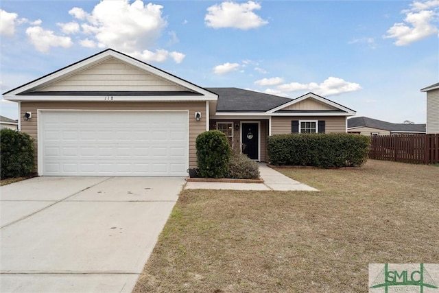 ranch-style house with a garage, driveway, a front lawn, and fence