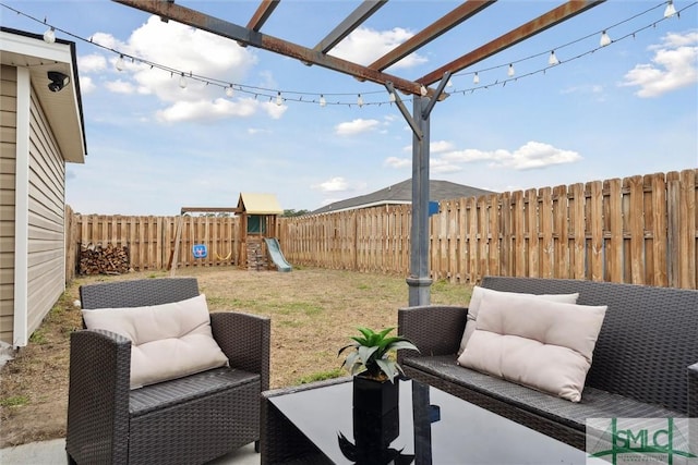 view of patio with a fenced backyard, a playground, and a pergola