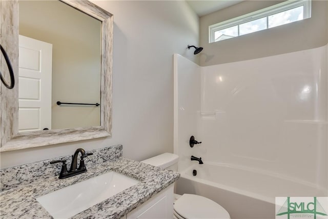 full bathroom with toilet, shower / washtub combination, and vanity