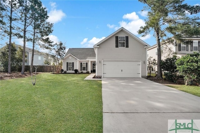 traditional home featuring driveway, an attached garage, fence, and a front lawn