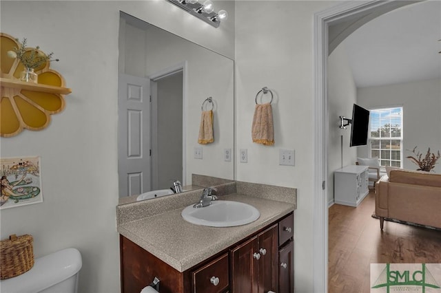 bathroom featuring vanity, wood finished floors, and toilet