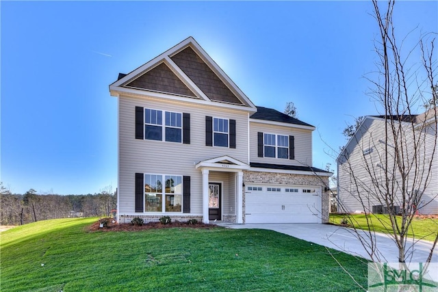 craftsman inspired home featuring an attached garage, driveway, and a front lawn