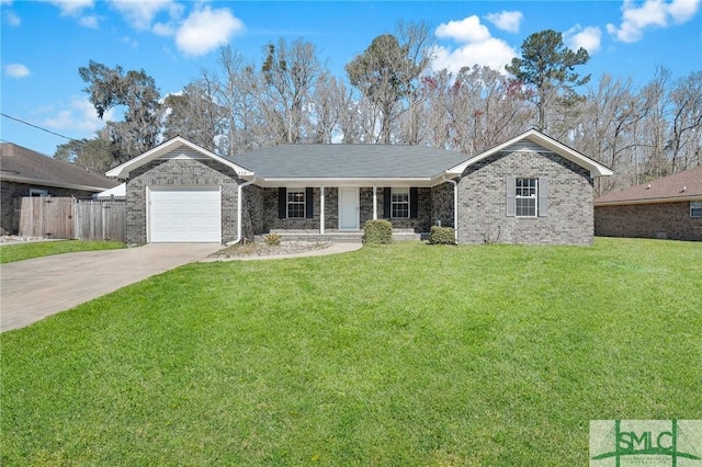 ranch-style house with an attached garage, fence, a front lawn, and concrete driveway