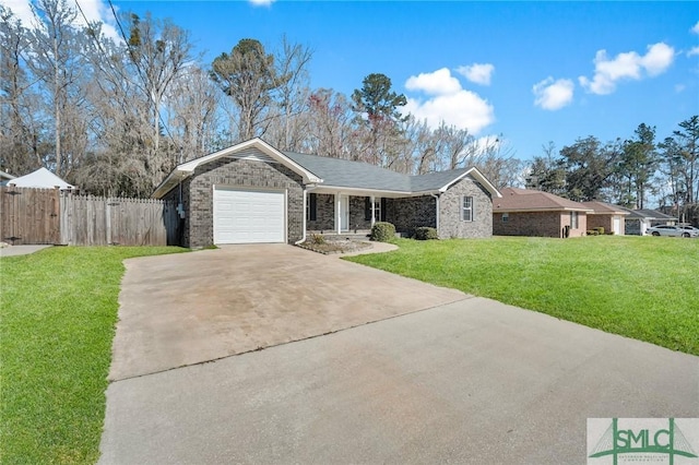 ranch-style home with an attached garage, fence, a front lawn, and concrete driveway