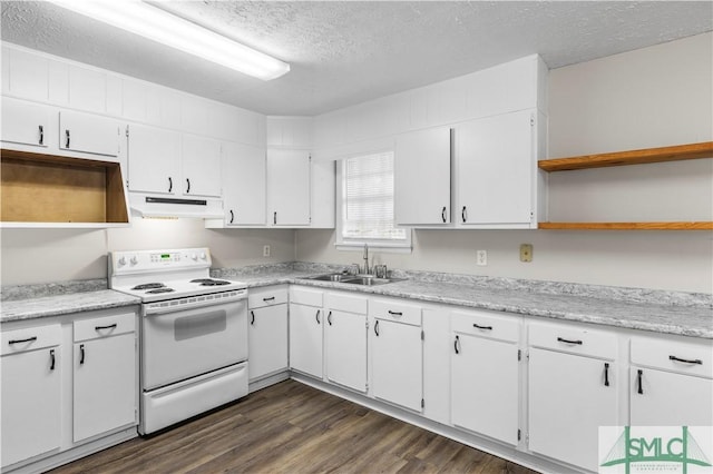 kitchen with open shelves, white electric range, white cabinets, a sink, and under cabinet range hood