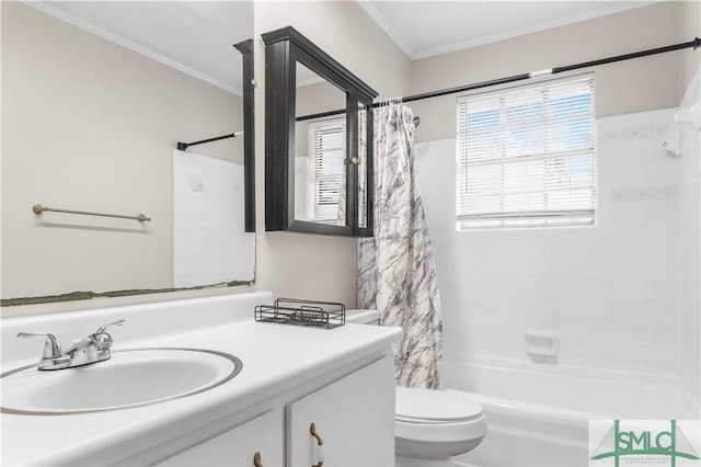 bathroom with toilet, shower / bathtub combination with curtain, ornamental molding, and vanity