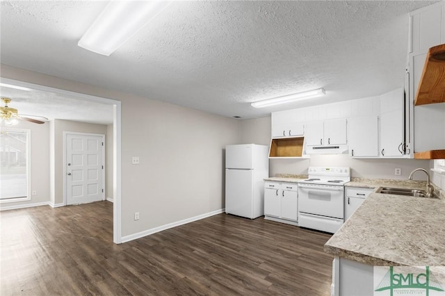 kitchen with dark wood finished floors, open shelves, a sink, white appliances, and under cabinet range hood