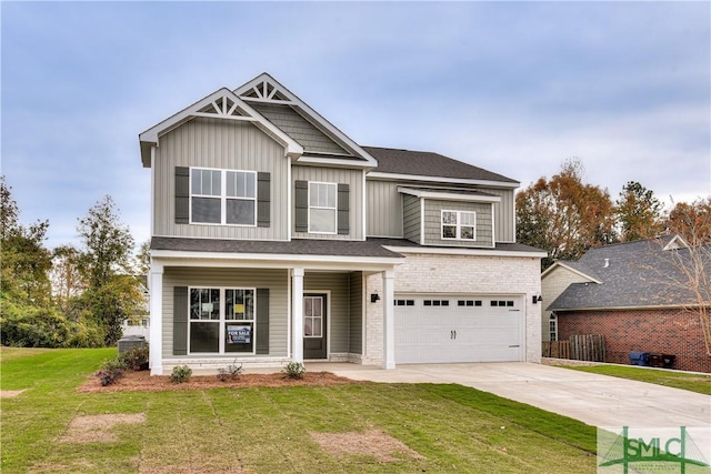 view of front of house with brick siding, concrete driveway, board and batten siding, a garage, and a front lawn