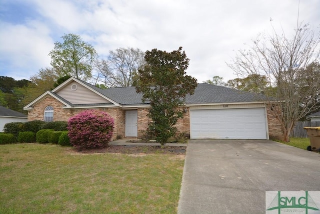 ranch-style home with a garage, brick siding, a shingled roof, concrete driveway, and a front yard