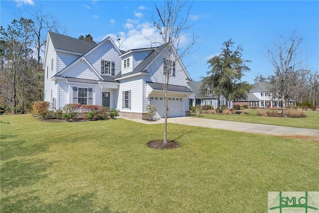 traditional home with a garage, brick siding, concrete driveway, and a front yard