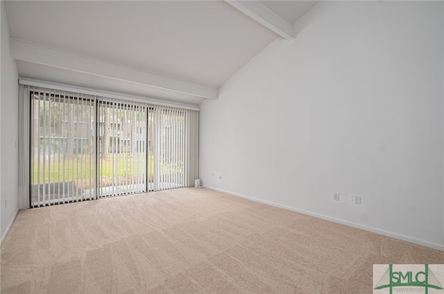 carpeted empty room featuring high vaulted ceiling, baseboards, and beamed ceiling