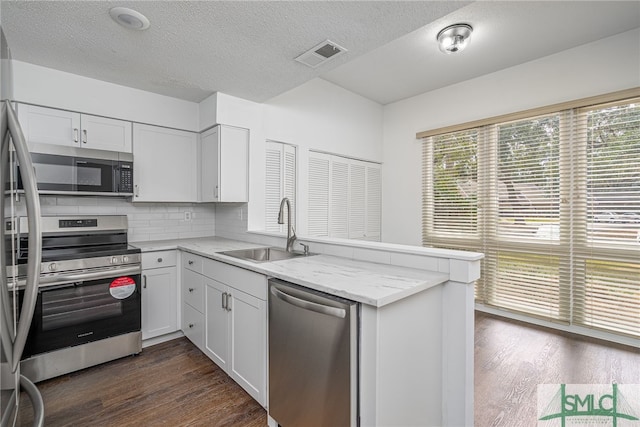 kitchen featuring stainless steel appliances, a peninsula, a sink, and dark wood finished floors