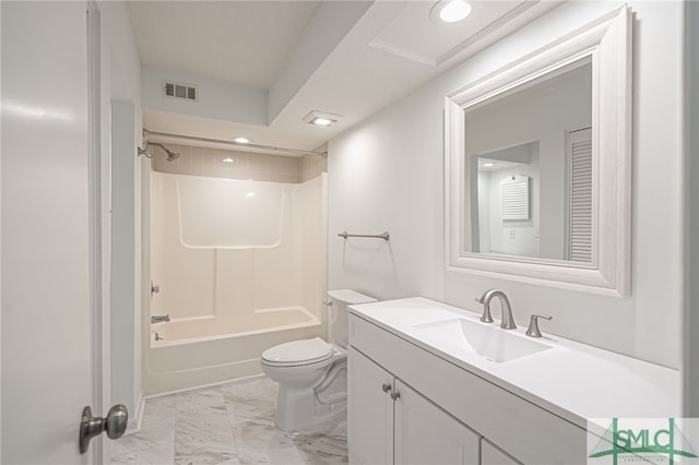 full bath with visible vents, toilet, shower / tub combination, marble finish floor, and vanity