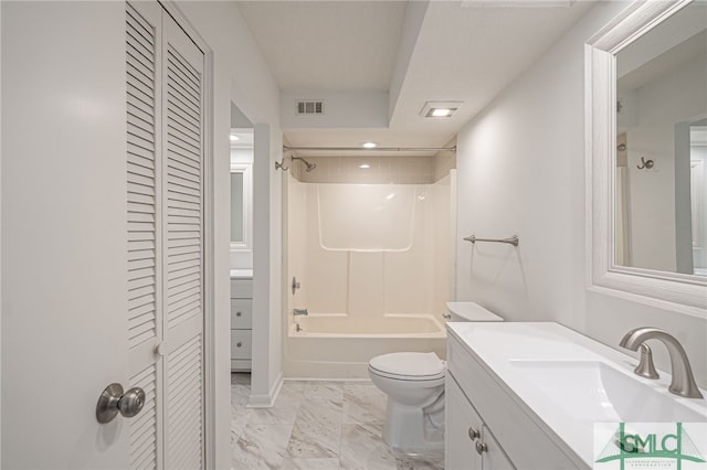 bathroom featuring toilet, marble finish floor, a closet, and visible vents