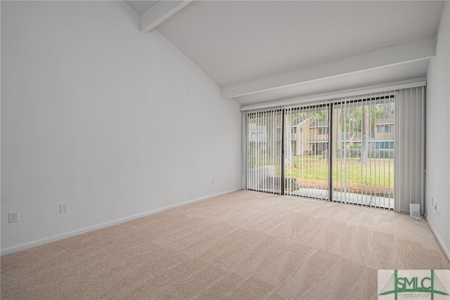 unfurnished room featuring high vaulted ceiling, carpet, baseboards, and beamed ceiling