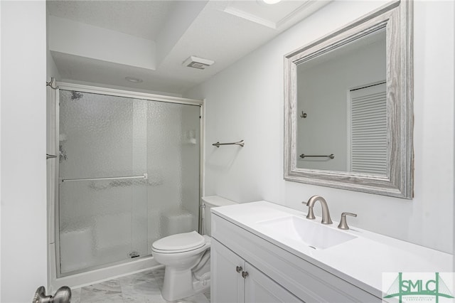 bathroom featuring visible vents, toilet, marble finish floor, vanity, and a shower stall