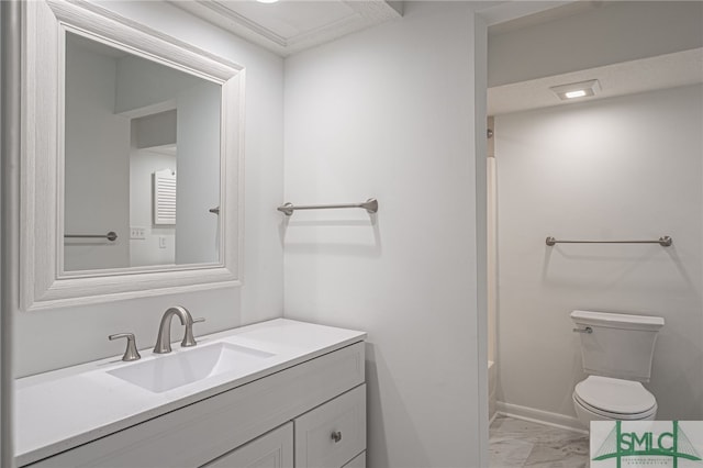 bathroom featuring toilet, shower / bath combination, vanity, baseboards, and marble finish floor