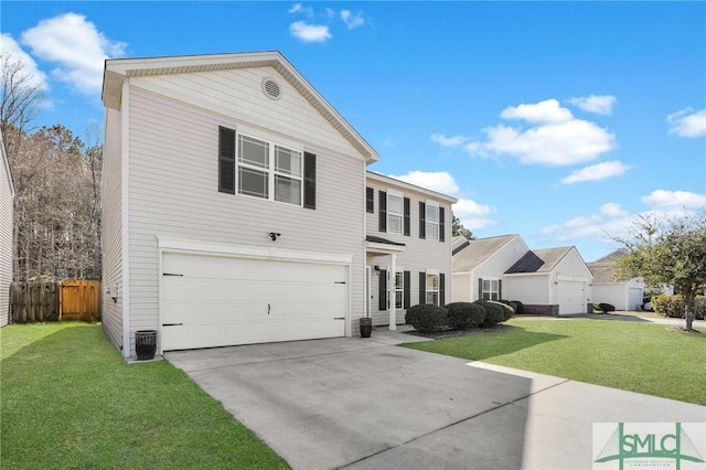 view of front of home featuring driveway, a garage, fence, and a front lawn