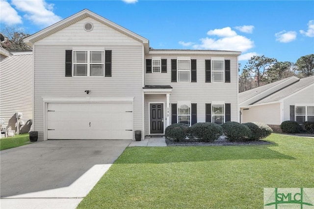 view of front of house featuring concrete driveway, an attached garage, a front lawn, and central air condition unit