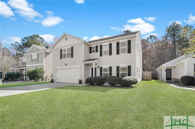 view of front of house featuring a garage, concrete driveway, and a front lawn