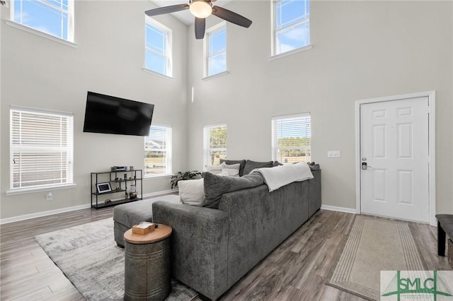 living area with plenty of natural light, baseboards, and wood finished floors