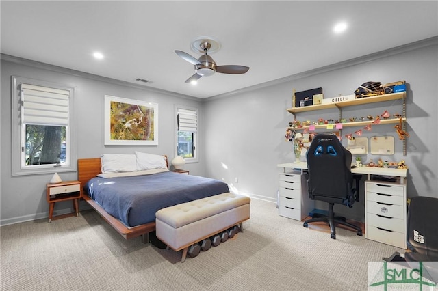 bedroom with light carpet, multiple windows, visible vents, and crown molding