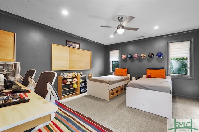 bedroom featuring multiple windows, carpet, and visible vents