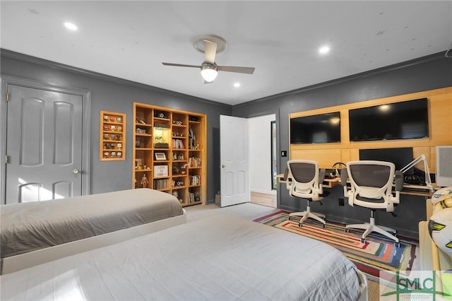 bedroom featuring a ceiling fan, recessed lighting, and crown molding