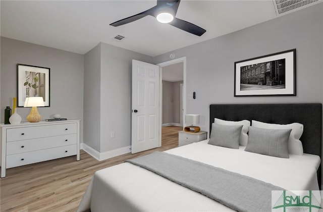 bedroom featuring a ceiling fan, light wood-style flooring, visible vents, and baseboards