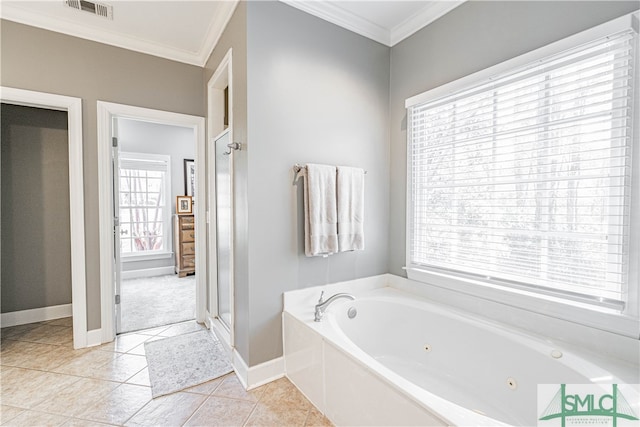 bathroom featuring visible vents, ornamental molding, a jetted tub, tile patterned floors, and a stall shower