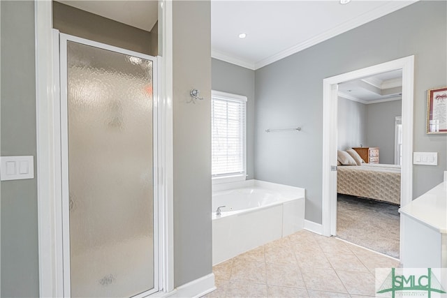 full bath with a garden tub, ornamental molding, a shower stall, ensuite bath, and tile patterned flooring