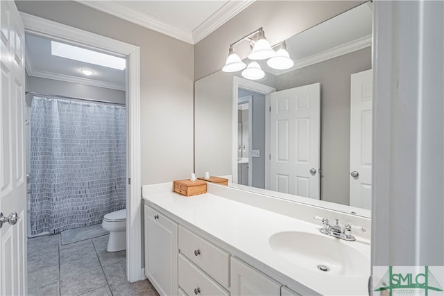 full bathroom with a shower with shower curtain, toilet, ornamental molding, tile patterned flooring, and vanity